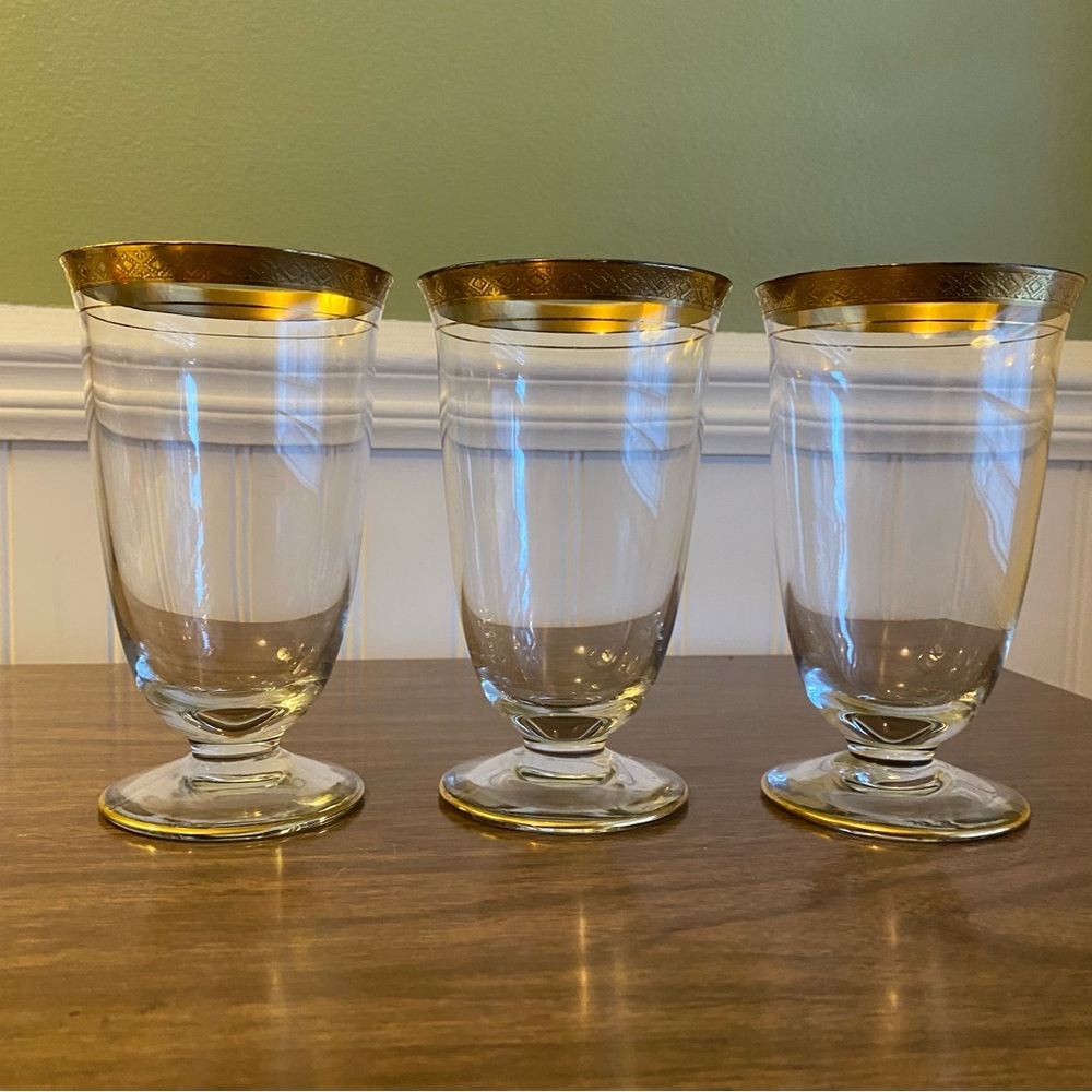 Vintage Gold Rim Diamond Pattern Iced Tea Glasses - Ravenswood by Glastonbury